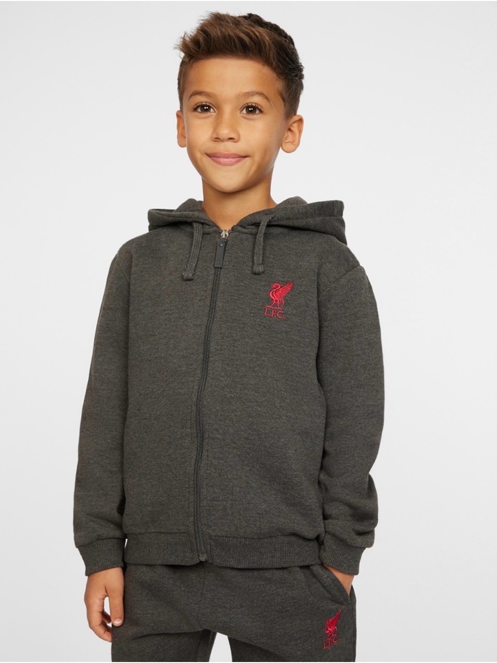 Liverpool LFC Kids Grey Zip-Up Hoodie with Red Crest